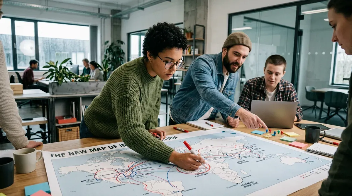 Diverse team plans global strategy on a large world map, drawing routes and placing pins, in a modern office.