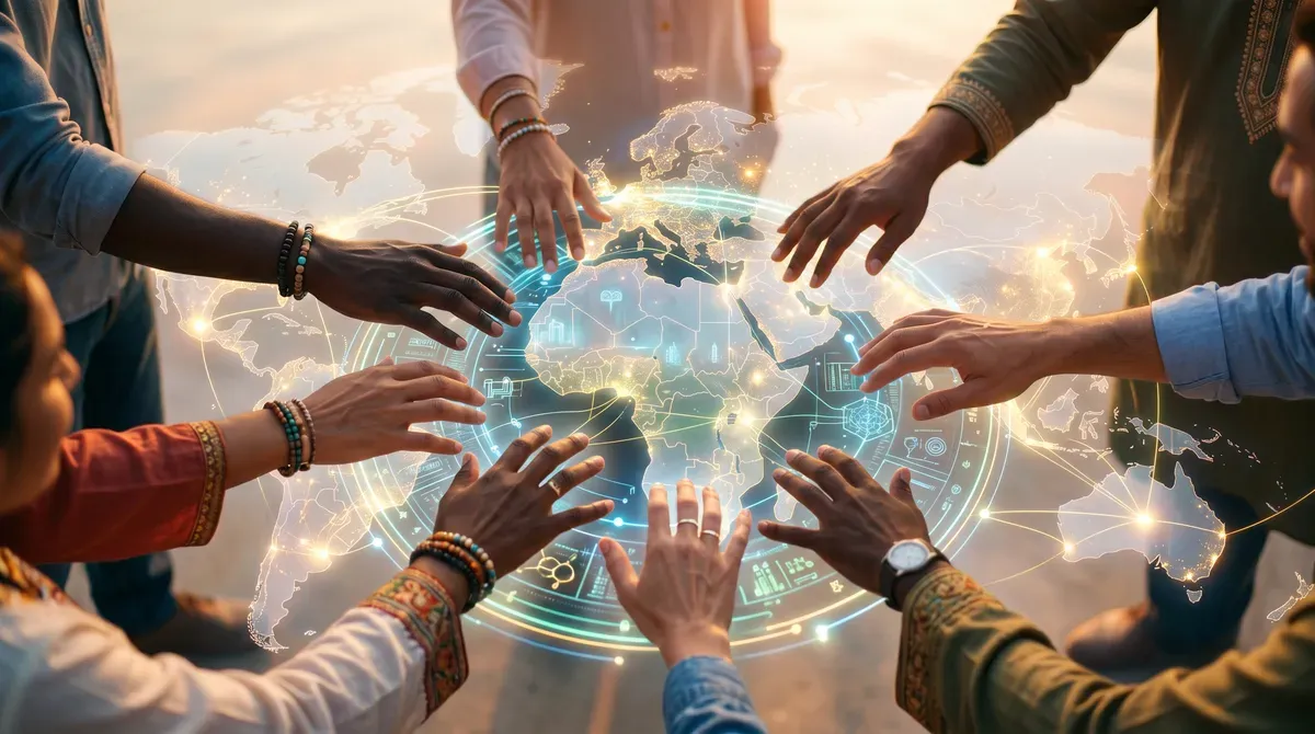 Diverse hands reaching for a glowing holographic world map with digital connections, symbolizing global collaboration.