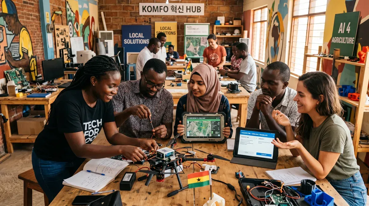 Diverse team at Komfo Innovation Hub building an agricultural drone, using tablets for field mapping & translation.