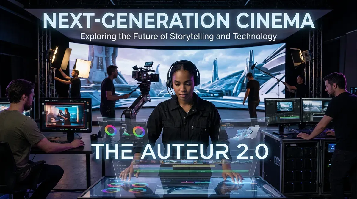 Virtual production set: woman edits video on transparent screen, crew, LED wall, 'NEXT-GENERATION CINEMA' text.