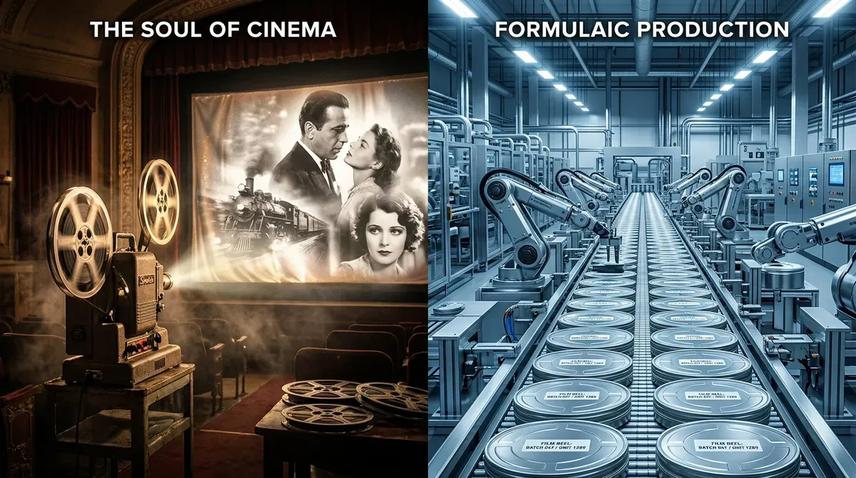 Classic film projector showing movie in theater; modern factory with robots assembling film reels on conveyor.