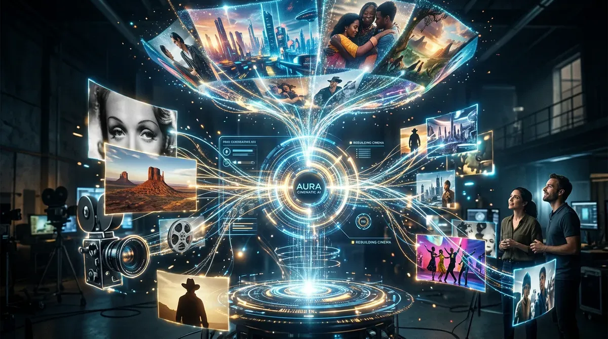 Aura Cinematic AI hub projecting diverse holographic film content, with a vintage camera and two people observing.