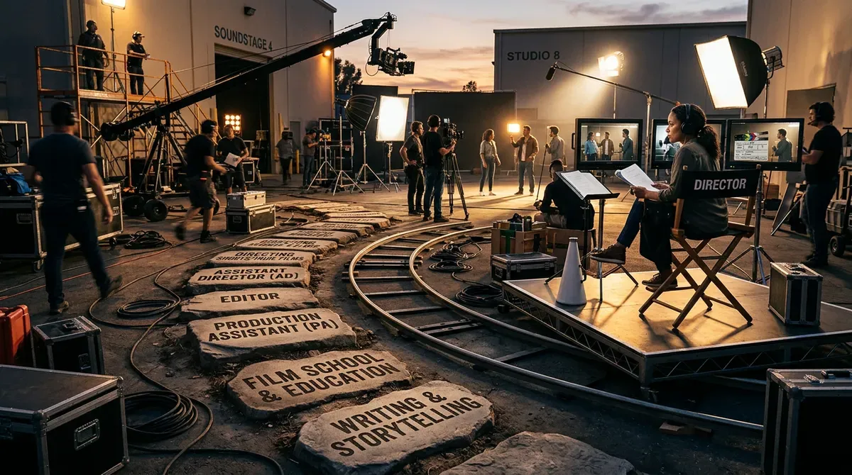 Film set production at sunset with director, crew, cameras, lights, and stones outlining film industry careers.