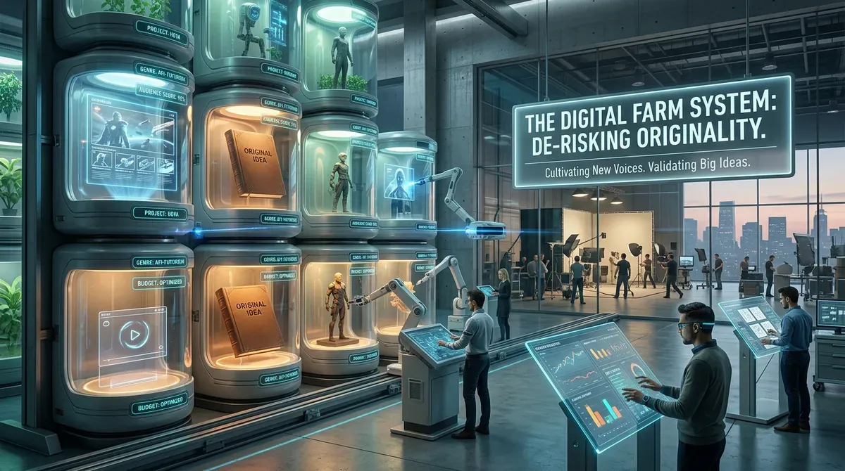 Futuristic tech lab with glowing idea pods, robotic arms, and people using holographic screens for content creation and data.