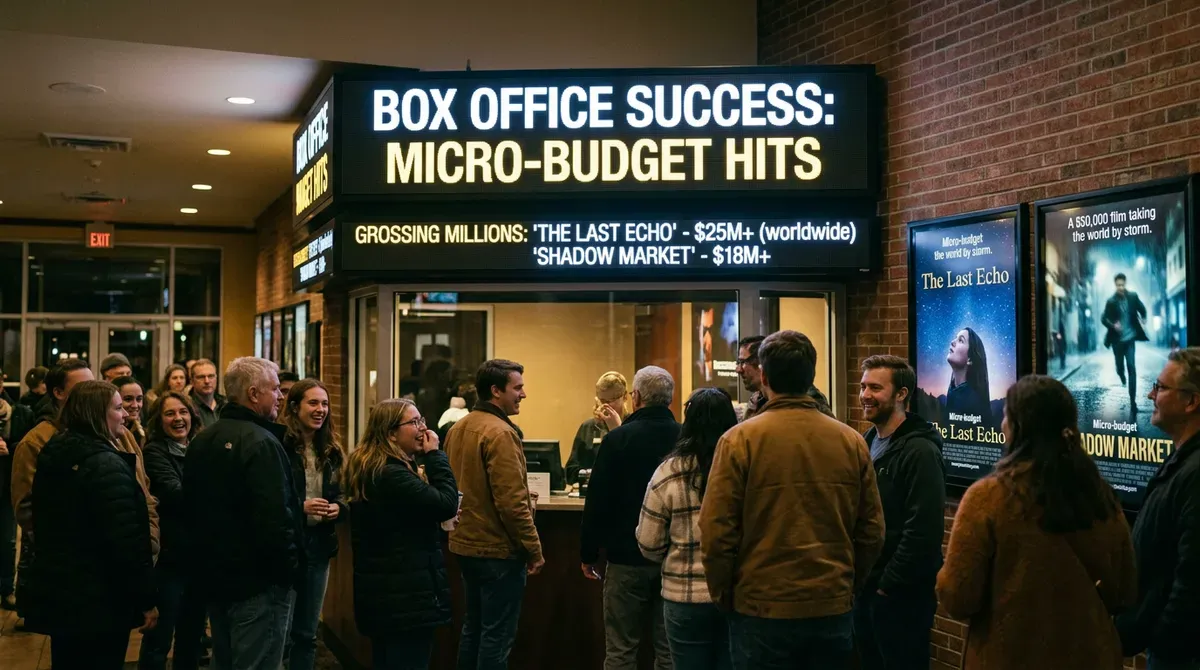 Smiling crowd in a film event lobby under a digital sign celebrating 'Micro-Budget Hits' & film posters.