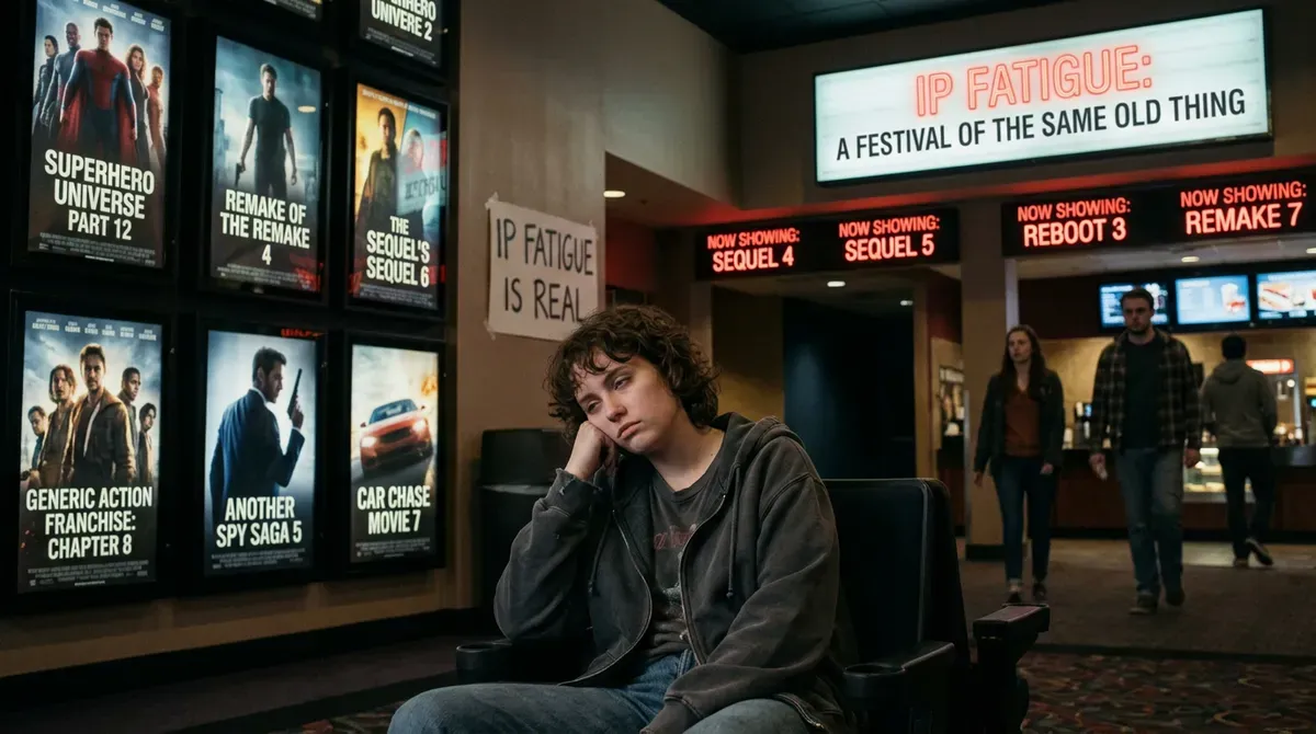 Bored woman in a movie theater lobby with generic sequel/remake posters and "IP FATIGUE" signs.