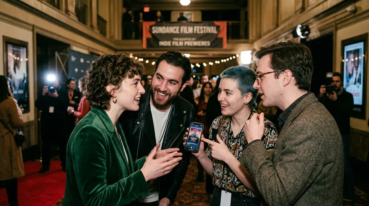 Four smiling attendees at Sundance Film Festival, one pointing at a smartphone screen, discussing indie film premieres.