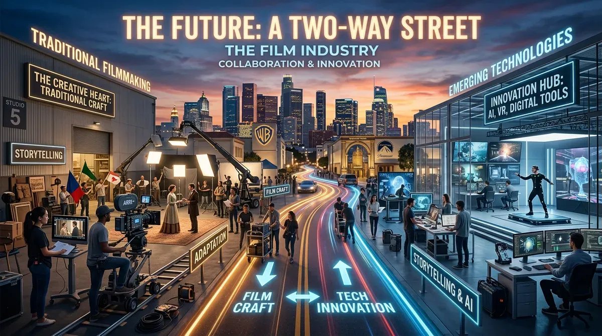 Future of film: traditional production meets AI/VR tech innovation on a glowing street, showing industry collaboration.