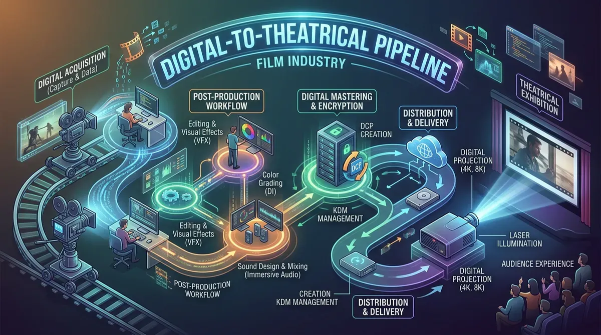 Infographic: Digital-to-theatrical film pipeline from acquisition, post-production, mastering, to cinema projection.
