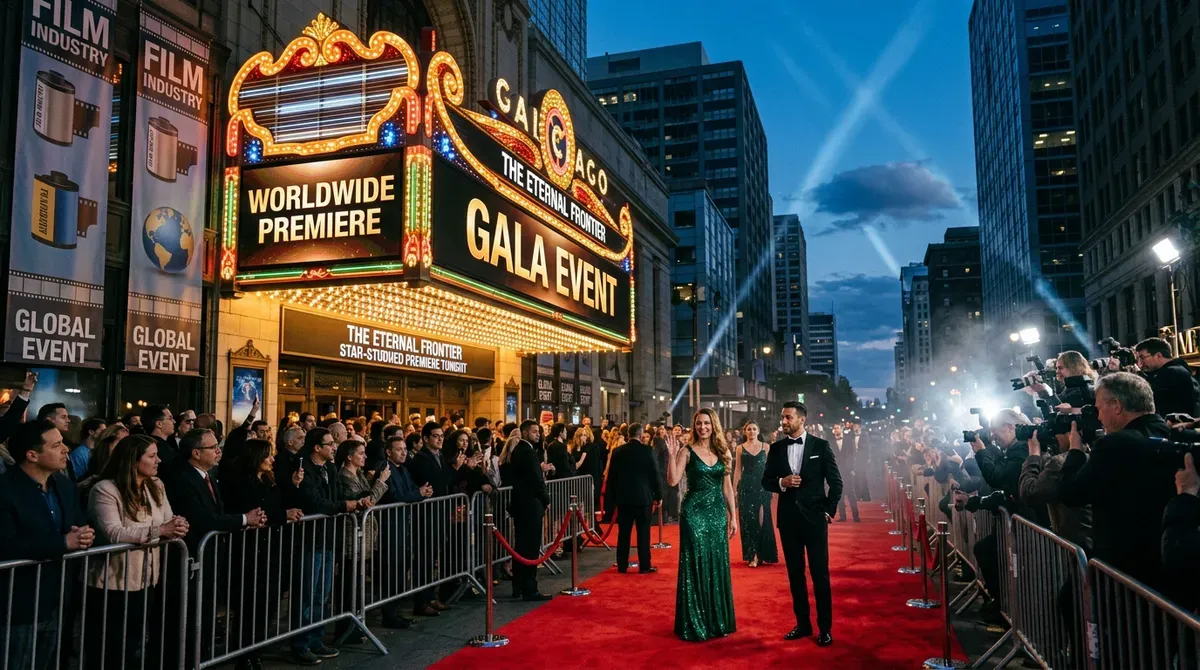 Red carpet gala event at Chicago Theatre for a worldwide film premiere, with stars, paparazzi, fans, and searchlights.