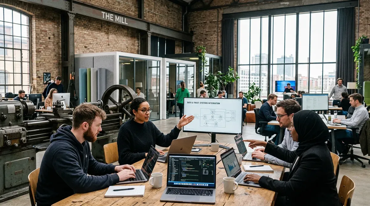Diverse team collaborating in a modern industrial office, discussing data systems integration on screen.