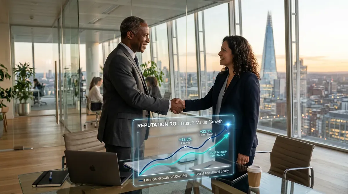 Business man & woman shake hands in modern office with holographic "Reputation ROI" growth chart & city view.