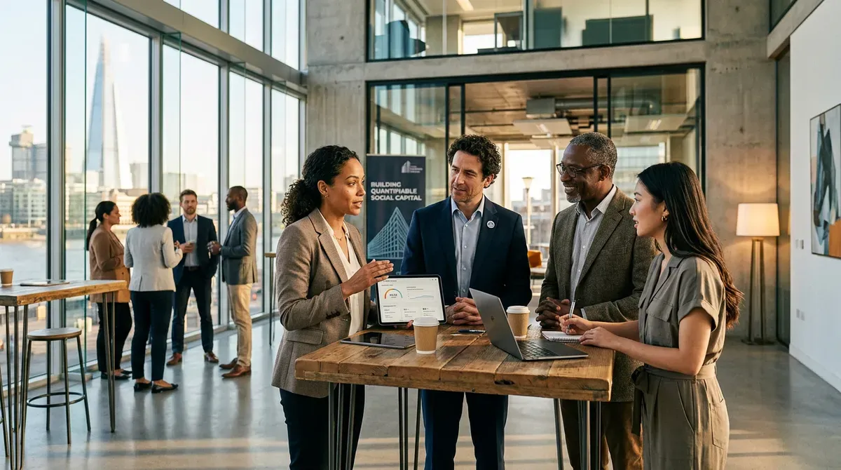 Diverse professionals collaborate in a modern office, discussing data on a tablet with a city skyline view and The Shard.