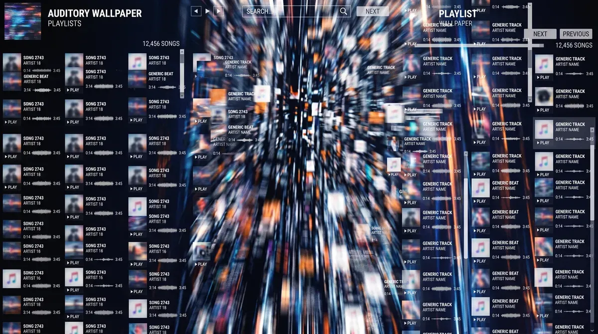 Music player interface showing "Auditory Wallpaper Playlists" with song lists and a futuristic, blurred data stream background.