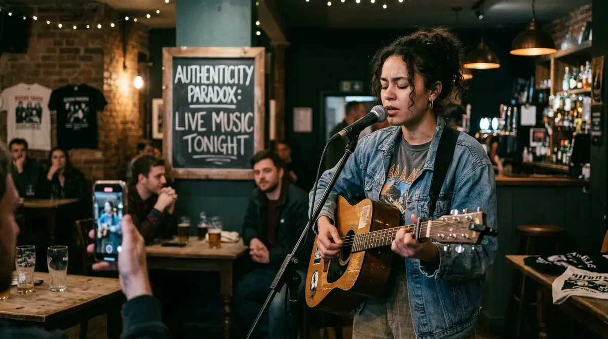 Female musician plays acoustic guitar and sings into a microphone at a lively pub with audience members, one recording on a phone.
