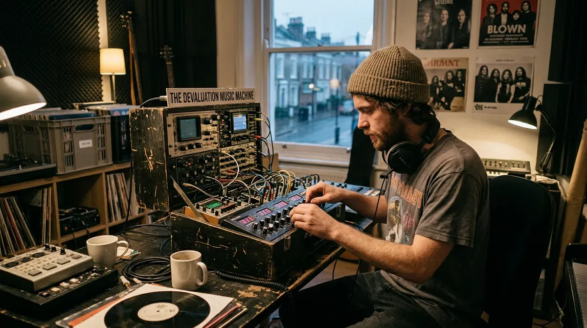 Bearded man in beanie and headphones producing electronic music on a modular synth in a home studio.