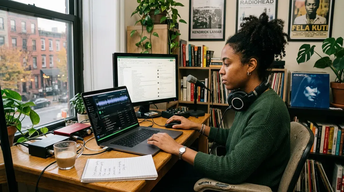 Woman producing audio on laptop & monitor in a cozy home office with microphone, headphones, plants, and vinyl records.