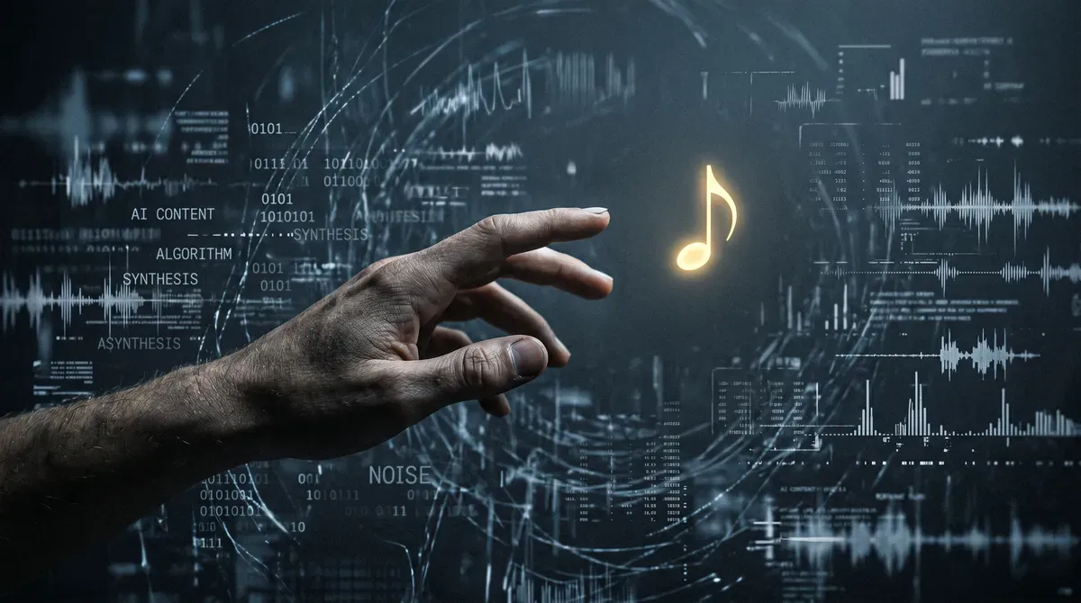 Hand reaching for glowing music note, surrounded by AI content, algorithms, binary code, and digital sound waves.