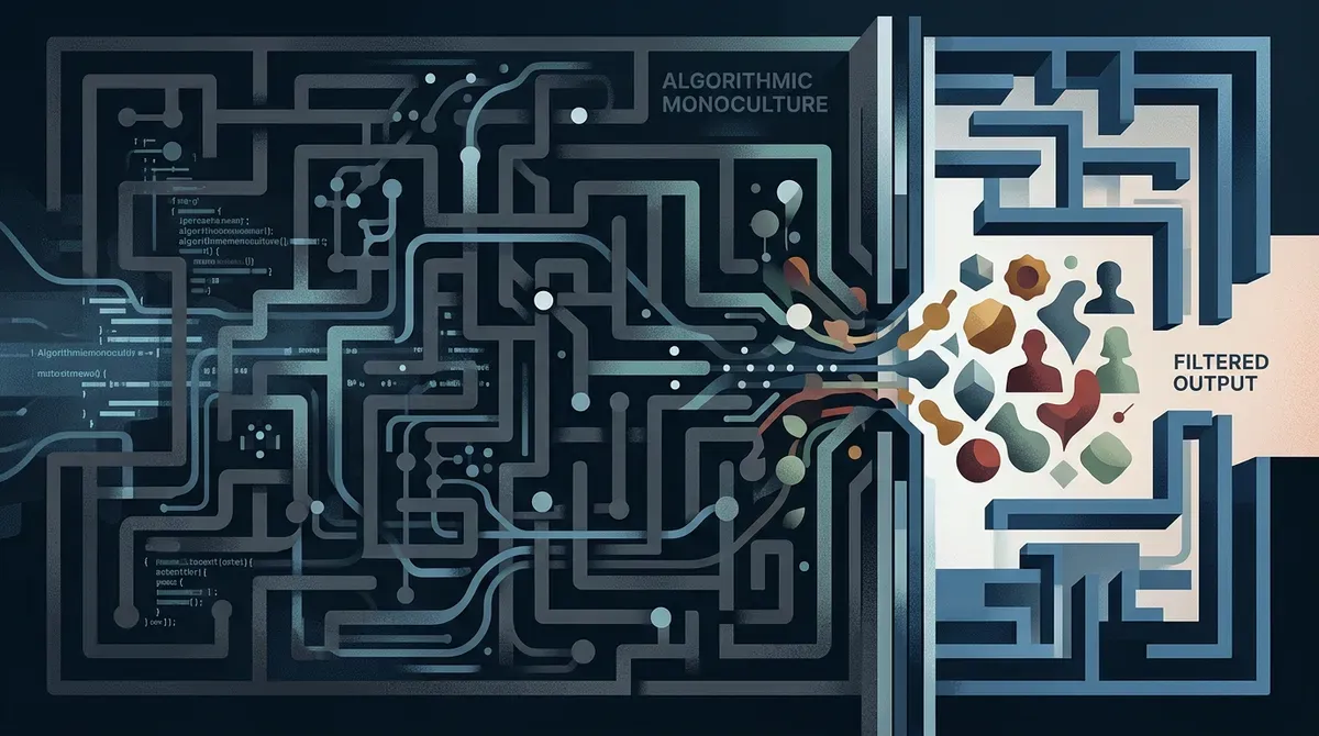 Algorithmic Monoculture illustration: circuit board patterns and code lead to a maze filtering diverse shapes into output.