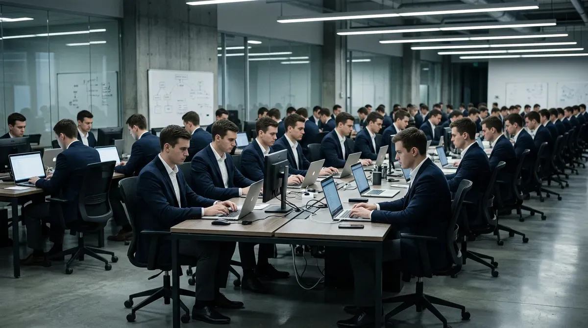 Rows of identical young men in dark suits work diligently on laptops and computers in a modern, open office.
