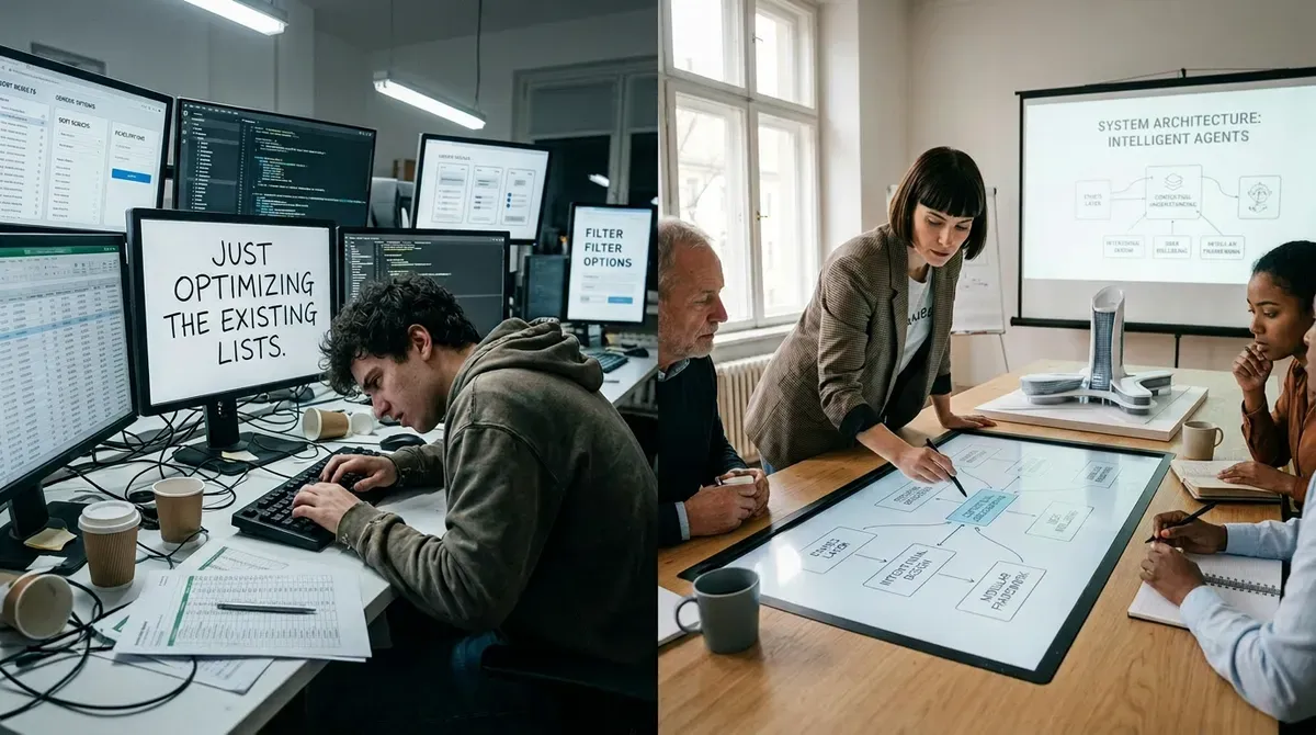 Left: Developer optimizes lists on multiple screens. Right: Team discusses AI system architecture with diagrams & model.