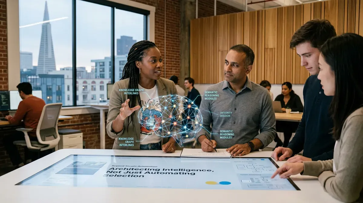 Diverse tech team collaborates on AI project using an interactive table with a holographic brain, San Francisco skyline visible.