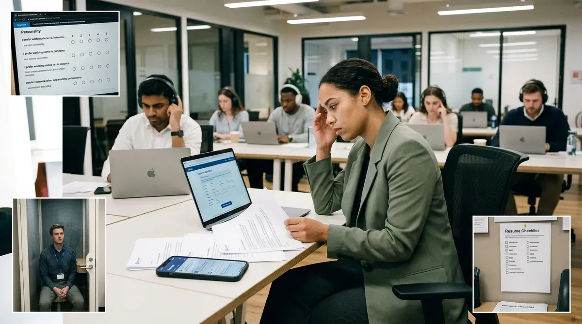 Diverse candidates in an office taking personality tests and reviewing resumes, with one man in an interview booth.