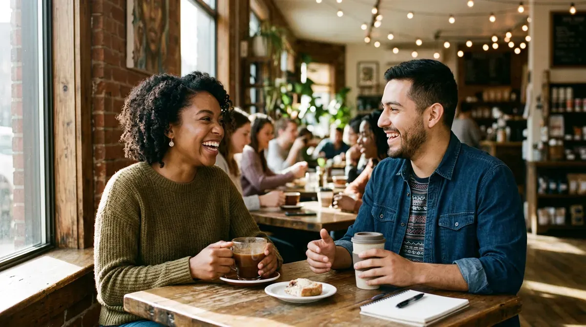 Two happy diverse people laughing and talking over coffee and cake in a bustling coffee shop.