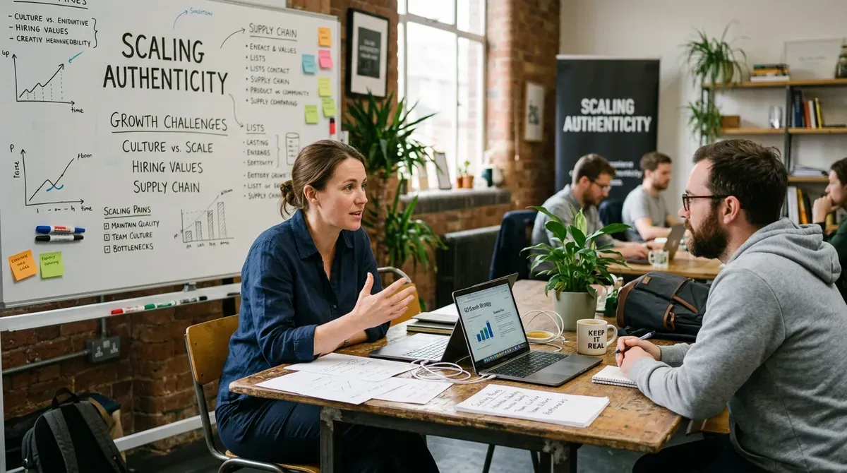 Business meeting: colleagues discuss strategy in a modern office. Whiteboard & banner show 'Scaling Authenticity' & growth challenges.