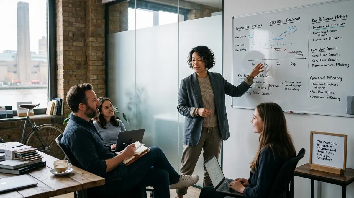 Business team meeting in a modern office. A woman explains a strategic roadmap on a whiteboard to three colleagues.