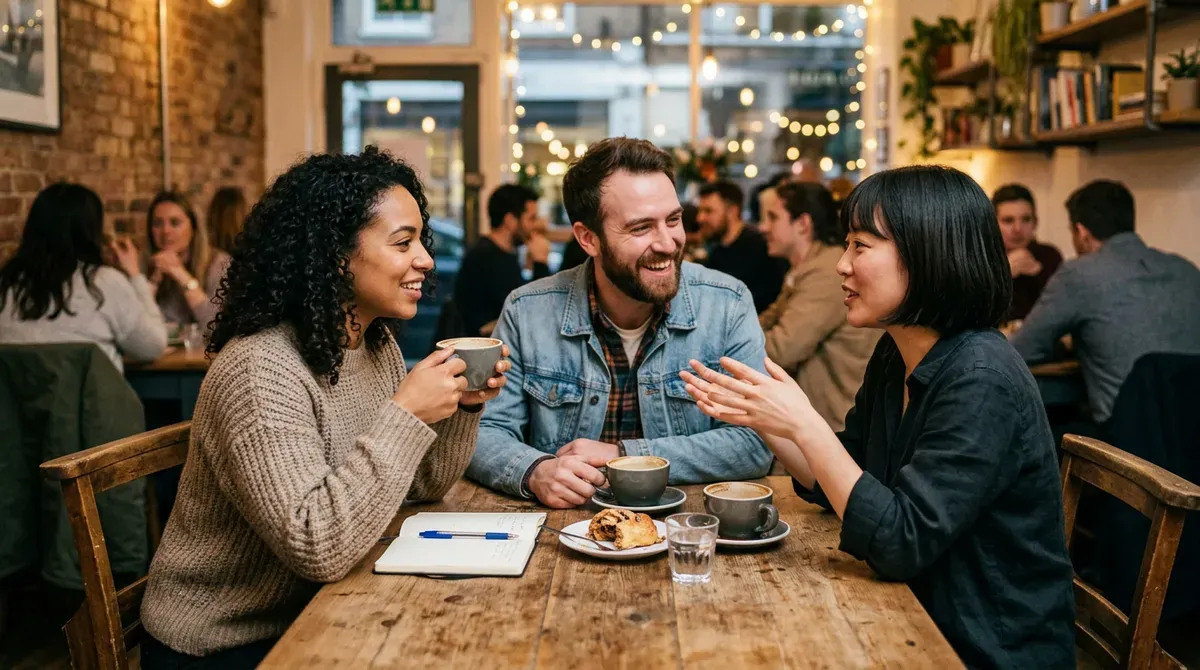 Three diverse friends smiling and chatting over coffee and a pastry at a cozy cafe table.