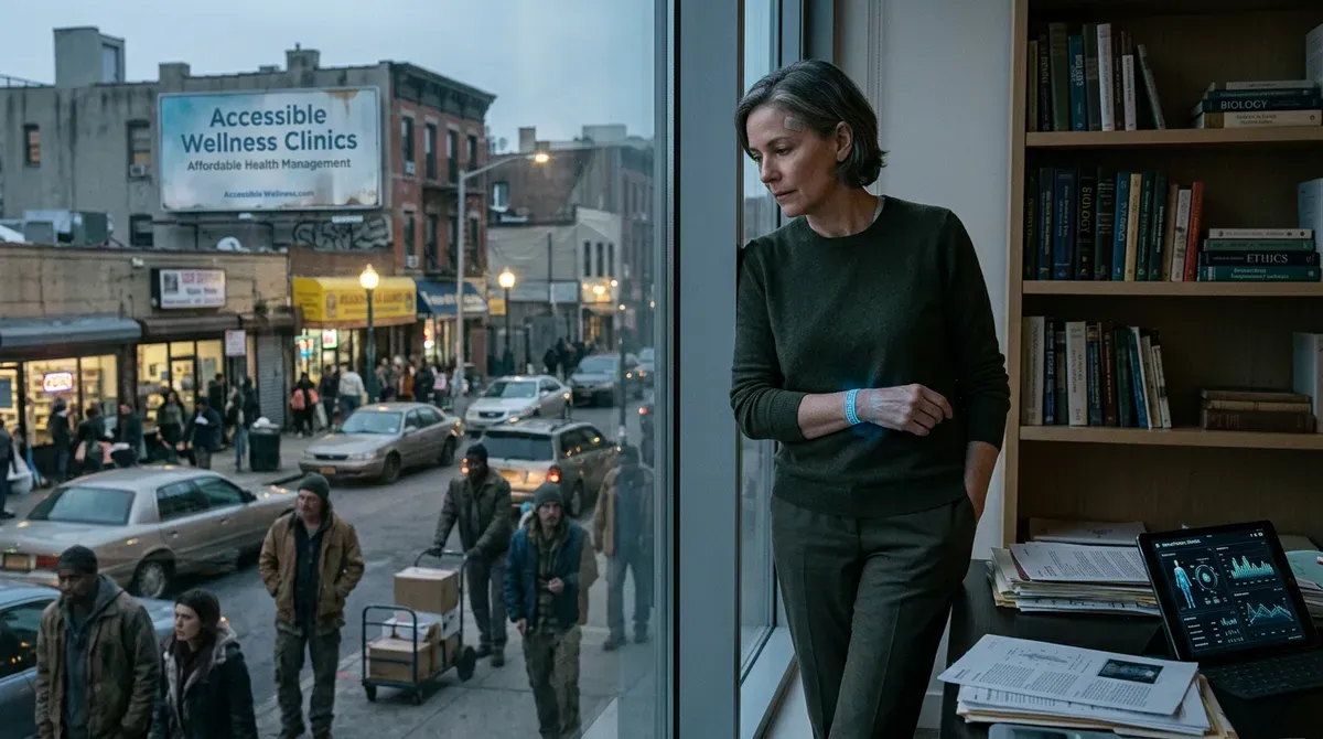 Woman with glowing bracelet looks out window at a busy urban street with a "Wellness Clinics" billboard. Medical data on tablet.