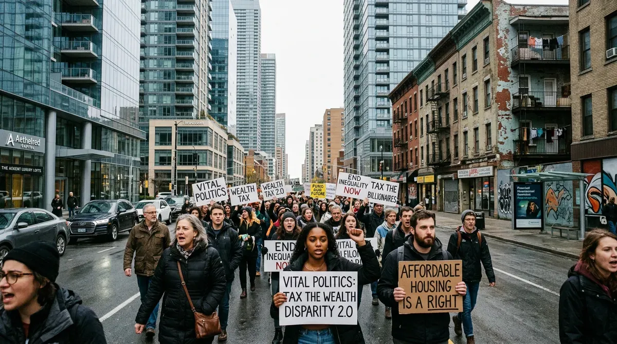 Activists march for wealth tax & affordable housing on a wet city street lined with modern & old buildings.