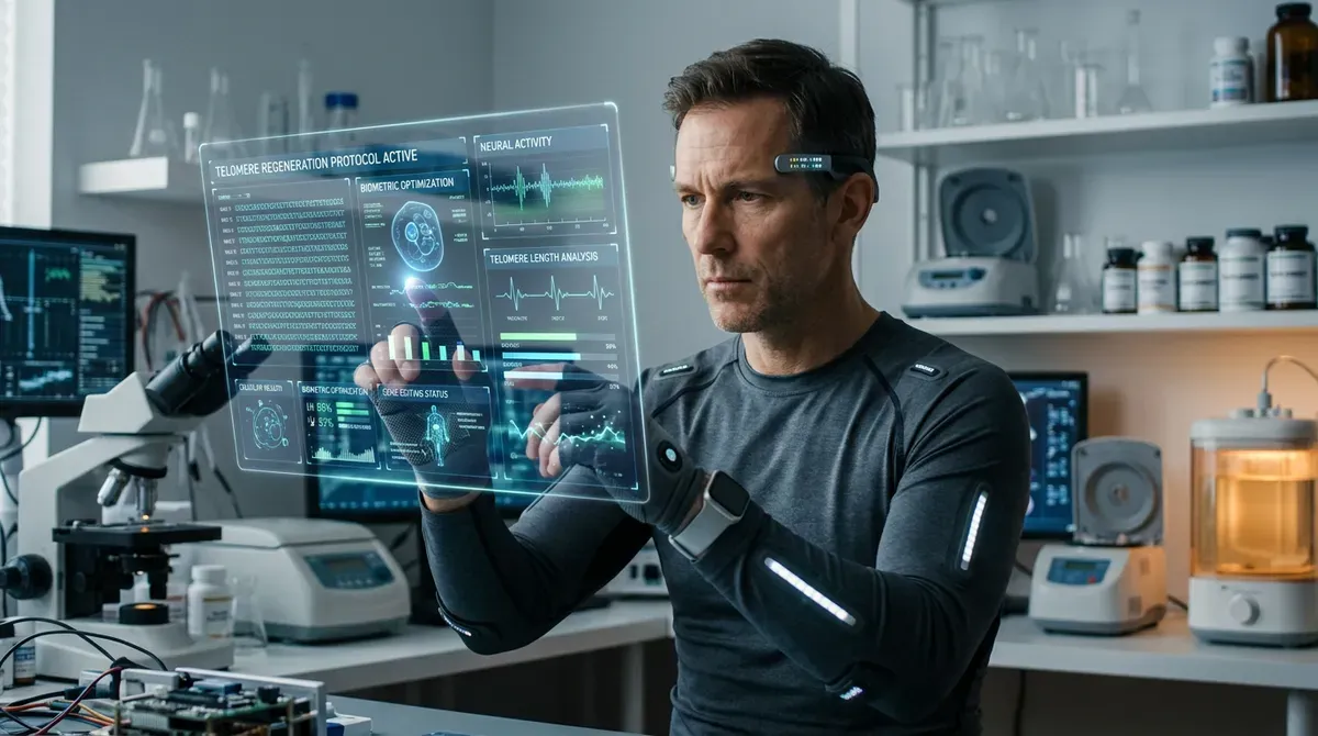 Scientist in a high-tech lab interacting with a transparent holographic display showing telomere regeneration and neural activity.