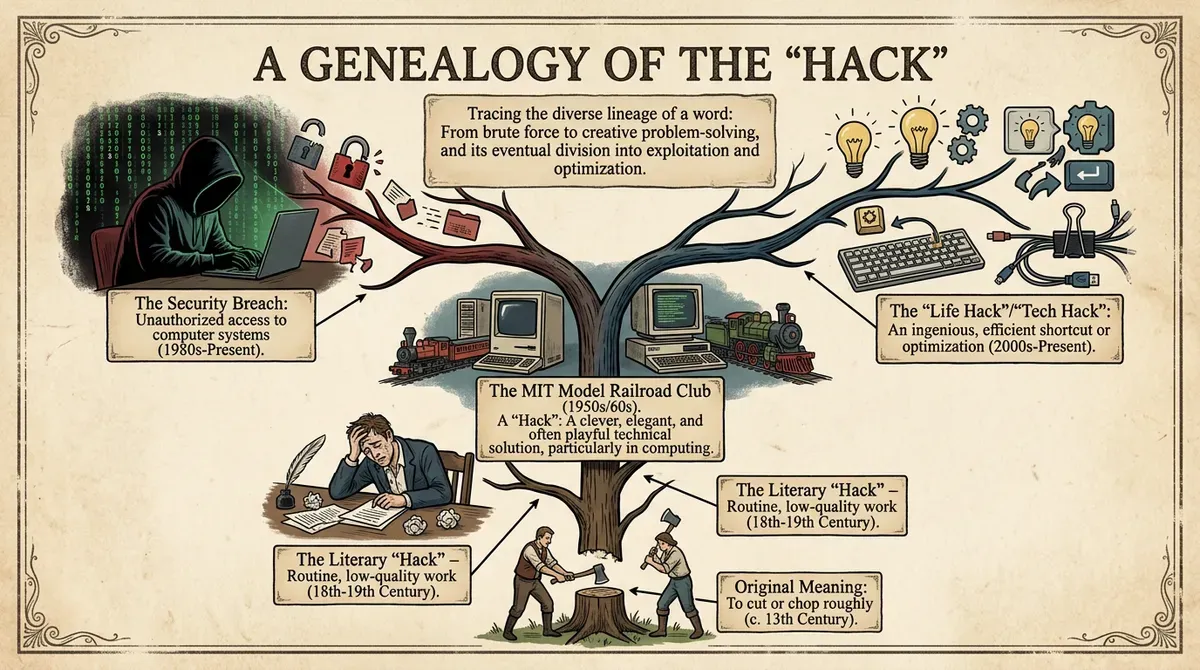 Infographic: The genealogy of the word 'hack,' tracing its evolution from chopping wood to computer security and life hacks.