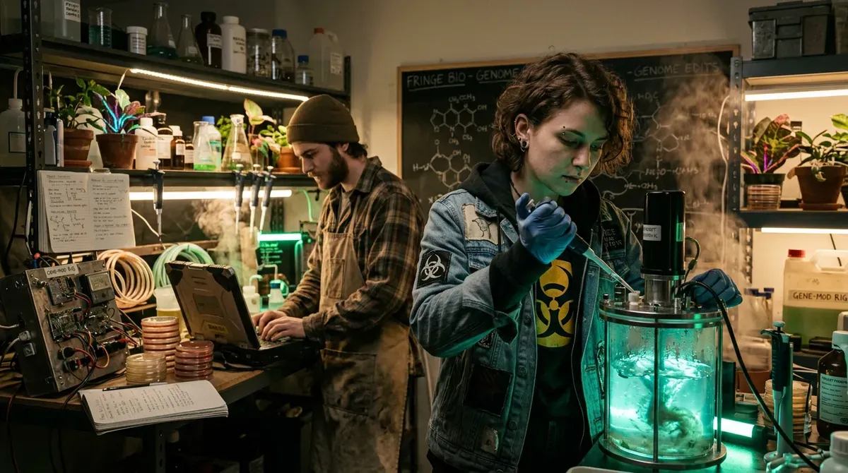 Two researchers in a DIY bio-engineering lab. Woman pipettes into glowing bioreactor, man works on laptop.