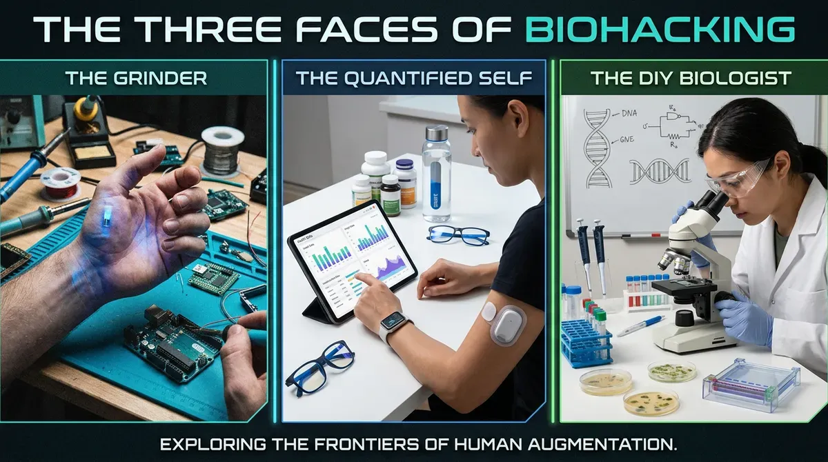 Three faces of biohacking: hand with glowing implant, person tracking health data with CGM, and biologist using microscope.