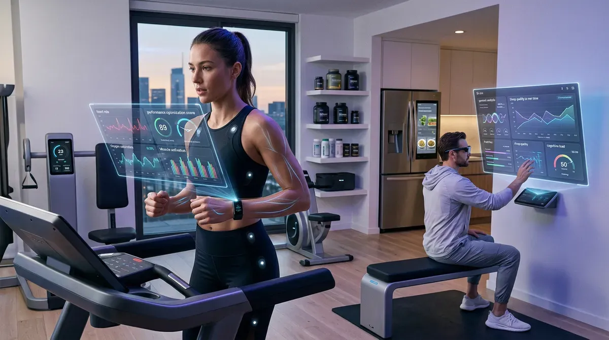 Futuristic home gym: woman on treadmill with AR fitness data, man interacts with holographic health display, smart appliances.
