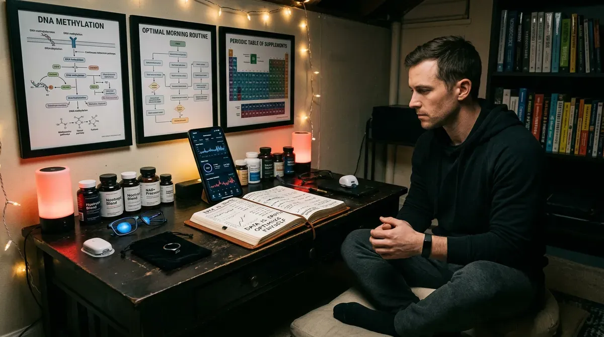 Man in hoodie at biohacking desk with supplements, smart devices, health data, and DNA methylation charts.