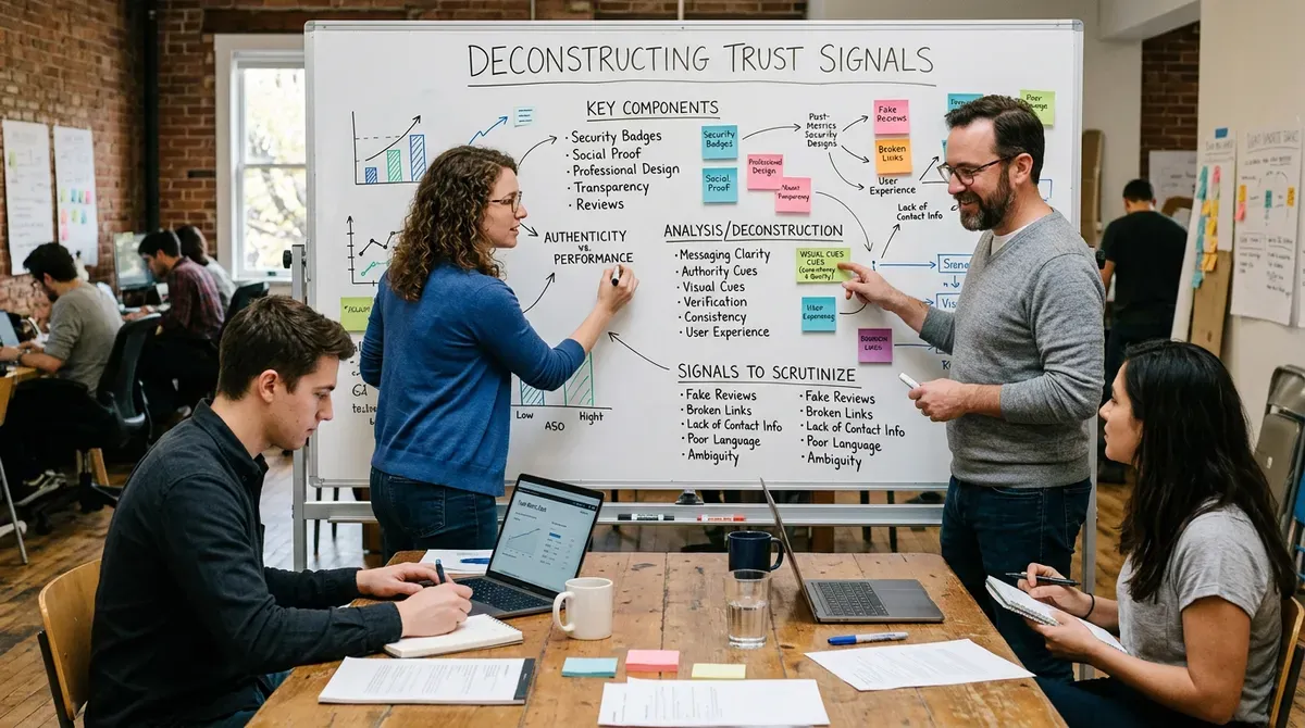 Team meeting: diverse group collaborates on "Deconstructing Trust Signals" whiteboard in modern office, others work on laptops.