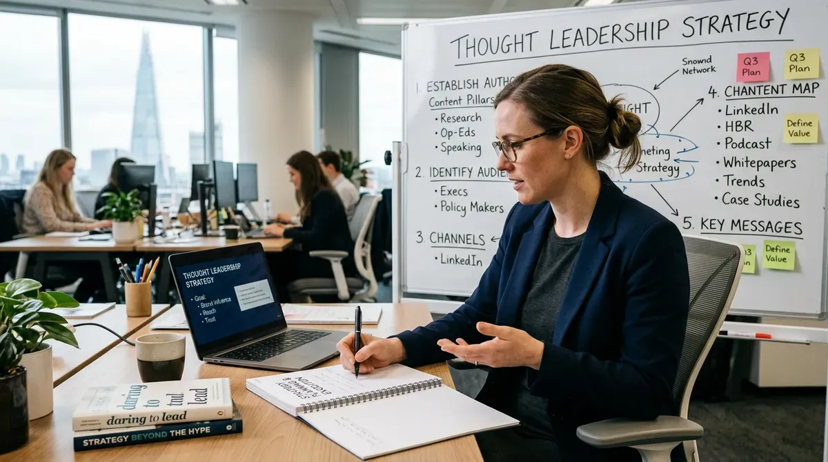 Woman taking notes at a desk with a laptop, whiteboard showing 'Thought Leadership Strategy,' in a London office.