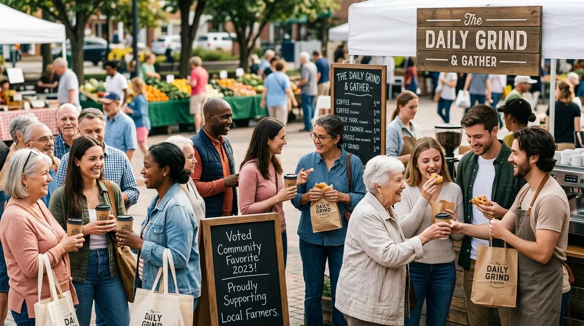 Smiling diverse people enjoy coffee & pastries from "The Daily Grind" at a bustling outdoor farmers market.