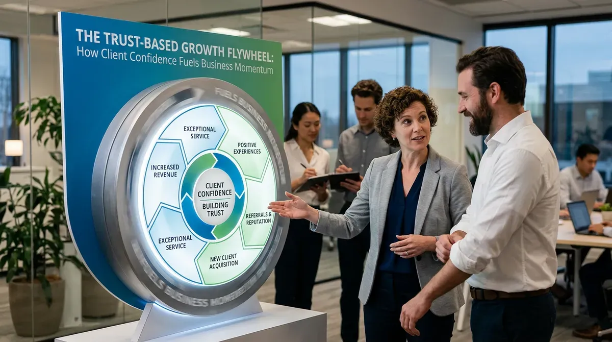 Business professionals discuss a "Trust-Based Growth Flywheel" diagram in an office setting, focusing on client confidence.