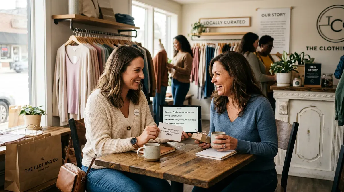 Two smiling women in a boutique clothing store. One holds a thank you note & gift, tablet shows customer loyalty profile.