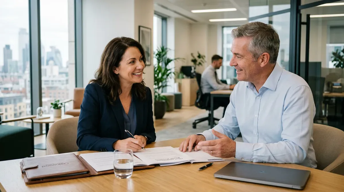 Smiling businesswoman signing document while discussing with male colleague in a modern office with city view.