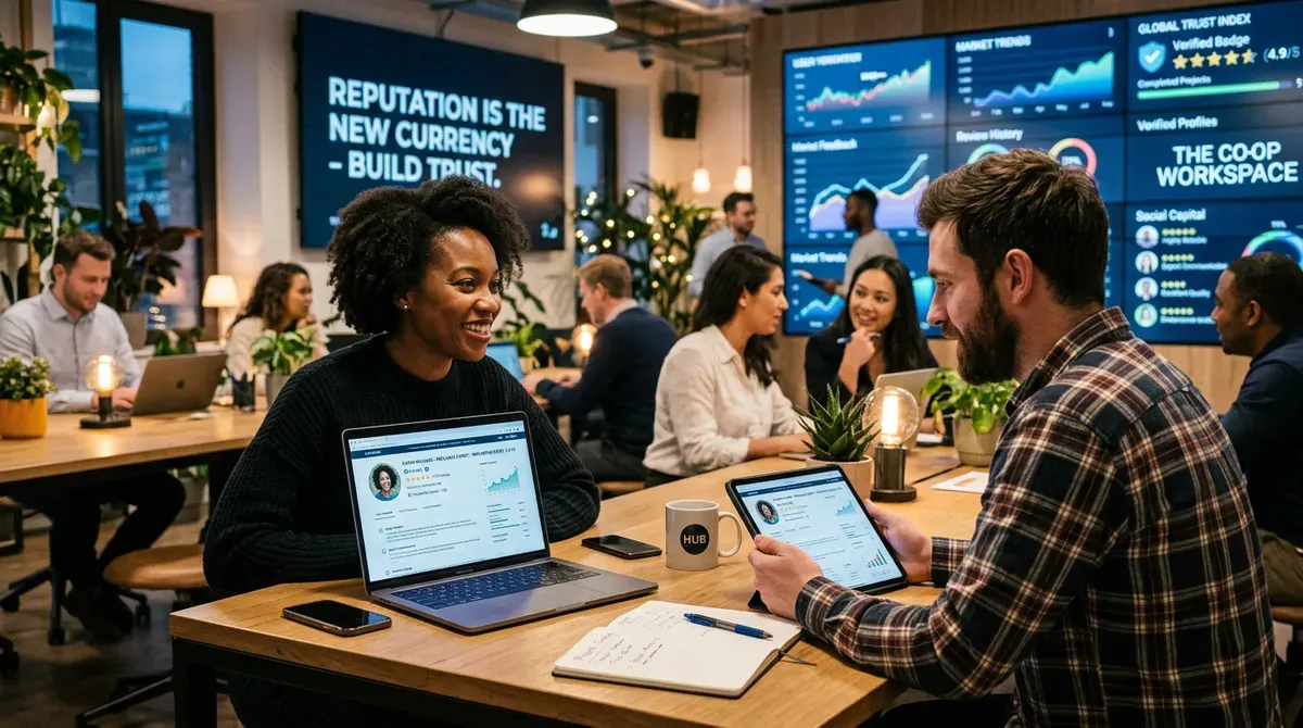 Diverse team collaborating in a modern coworking office with data screens. Woman smiles at man using tablet.