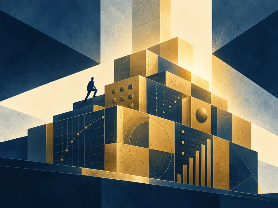 Businessman climbing a pyramid of data charts and graphs, symbolizing financial growth and success.
