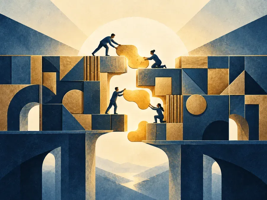 Illustration of people collaborating to build a bridge with golden blocks, symbolizing teamwork and partnership.