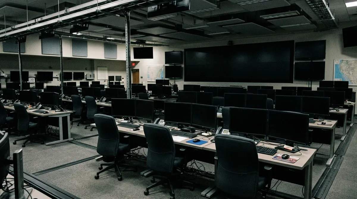Spacious, modern operations center with rows of empty workstations, dual monitors, desk phones, and a large multi-screen display wall.