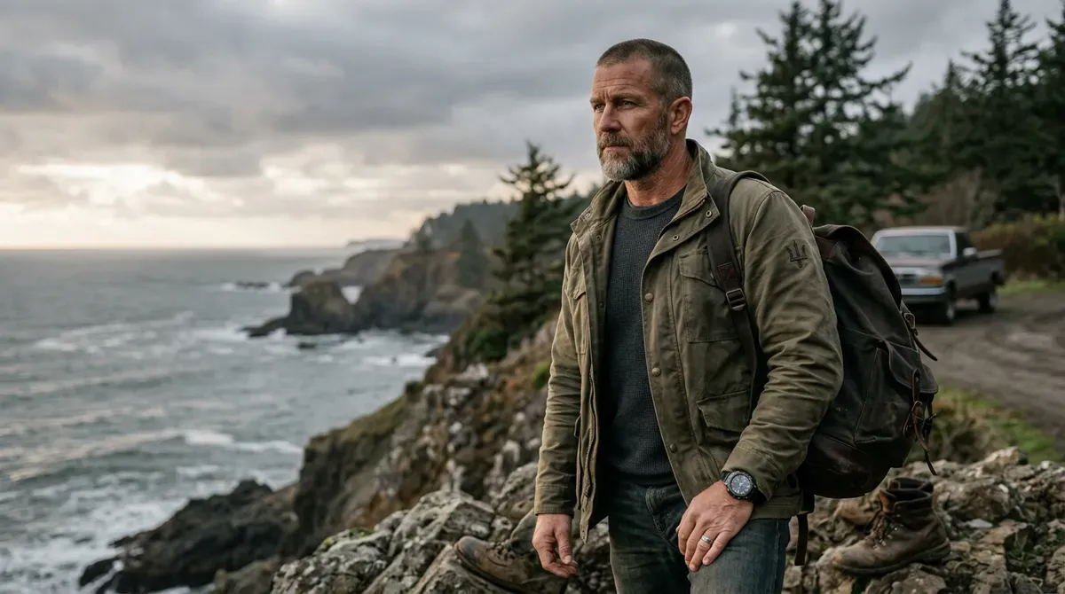 Bearded man in jacket & backpack on a rocky ocean cliff. Overcast sky, coastal trees, and a pickup truck on a dirt road.